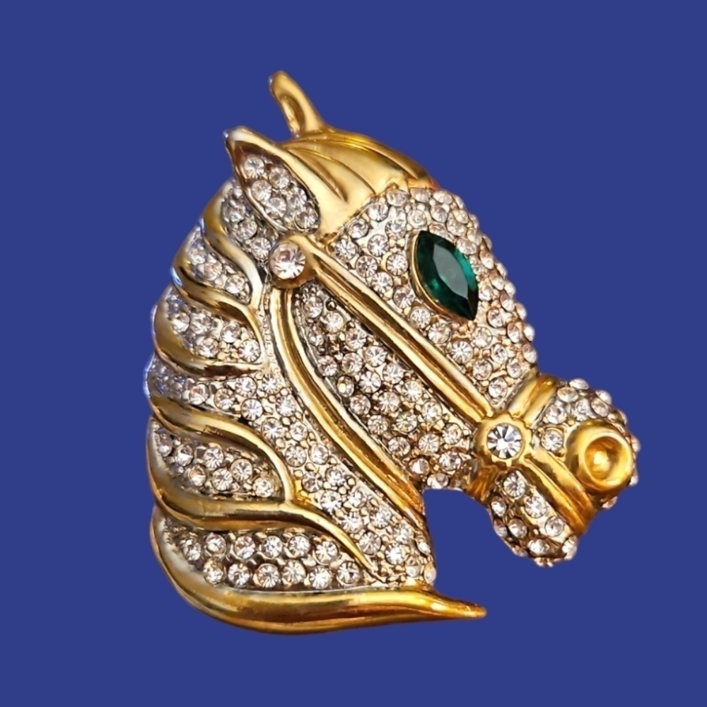 Vintage Rhinestone Horse Head Castlecore Roman Style Brooch